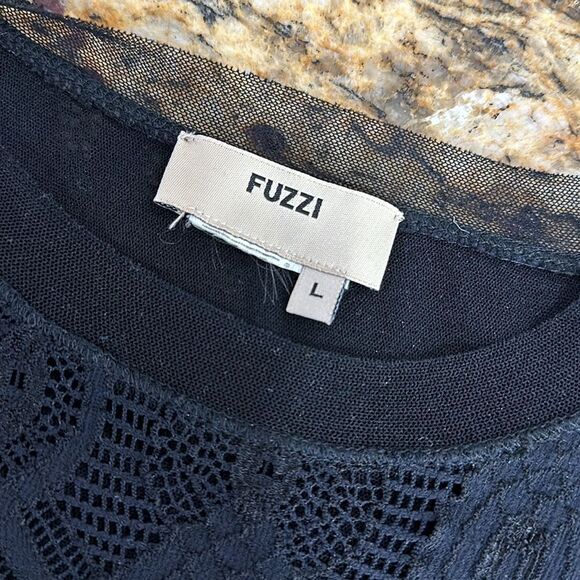 Fuzzi Black Lace Upper Mesh Lining Short Sleeve Crew Neck Top Size L - Picture 4 of 6